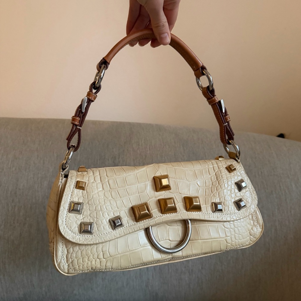 PRADA Y2K Archive Studded Crocodile Leather Shoulder Bag
Silver gold hardware